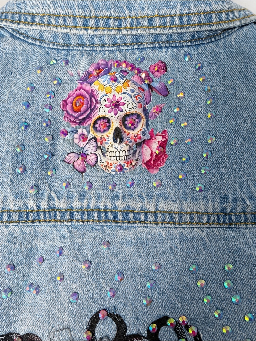 Embellished Light Wash Denim Vest Medusa Rhinestone Graphic, Upcycle Jacket - Picture 8 of 9